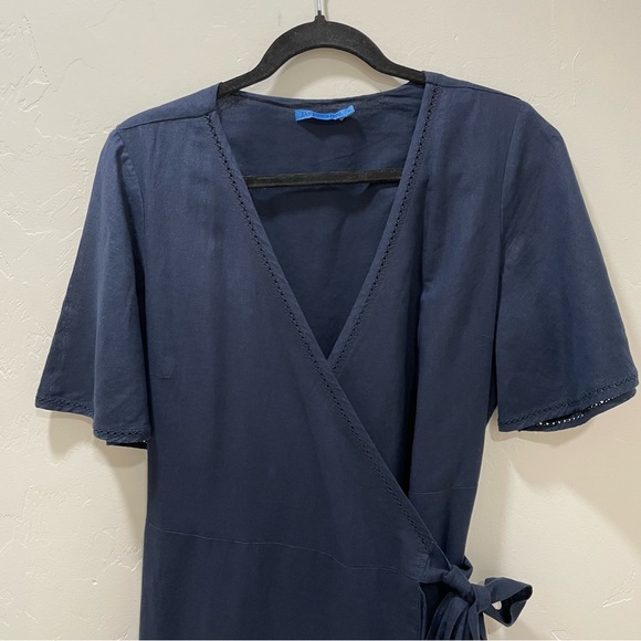 J.McLaughlin Aurora Linen Blend Navy True Wrap Dress Women’s Medium - Picture 4 of 15